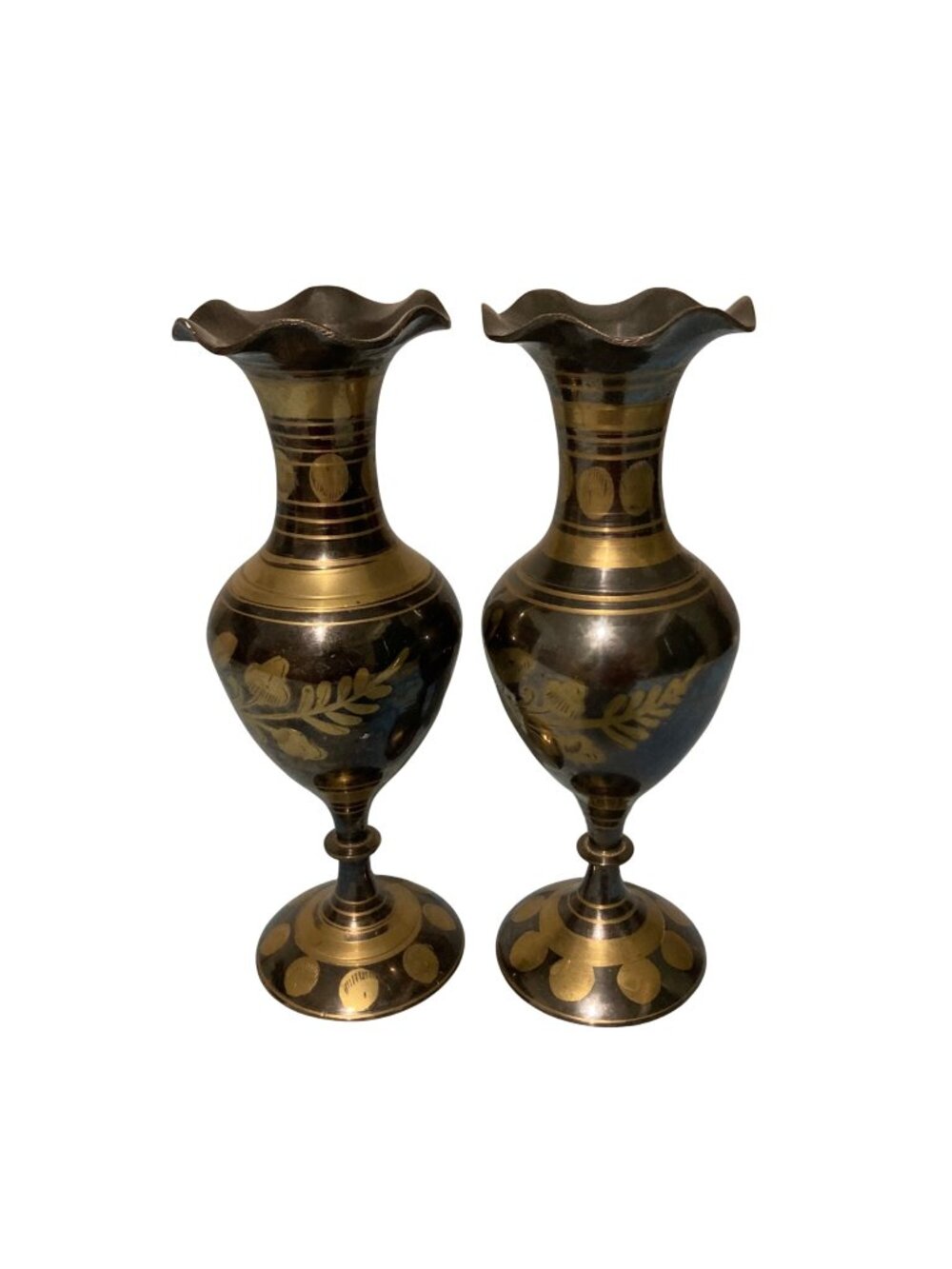 Vintage Handcrafted Brass Vases With Floral Etching Set Of Two Black & Gold